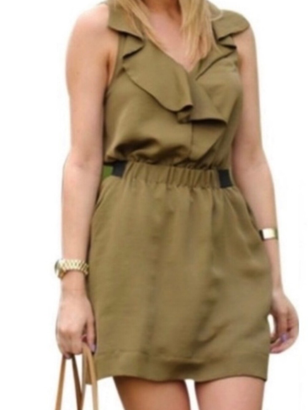Fit N Flare Army Green Silky Ruffled Mini Dress Rachel By Rachel Roy Sz 0